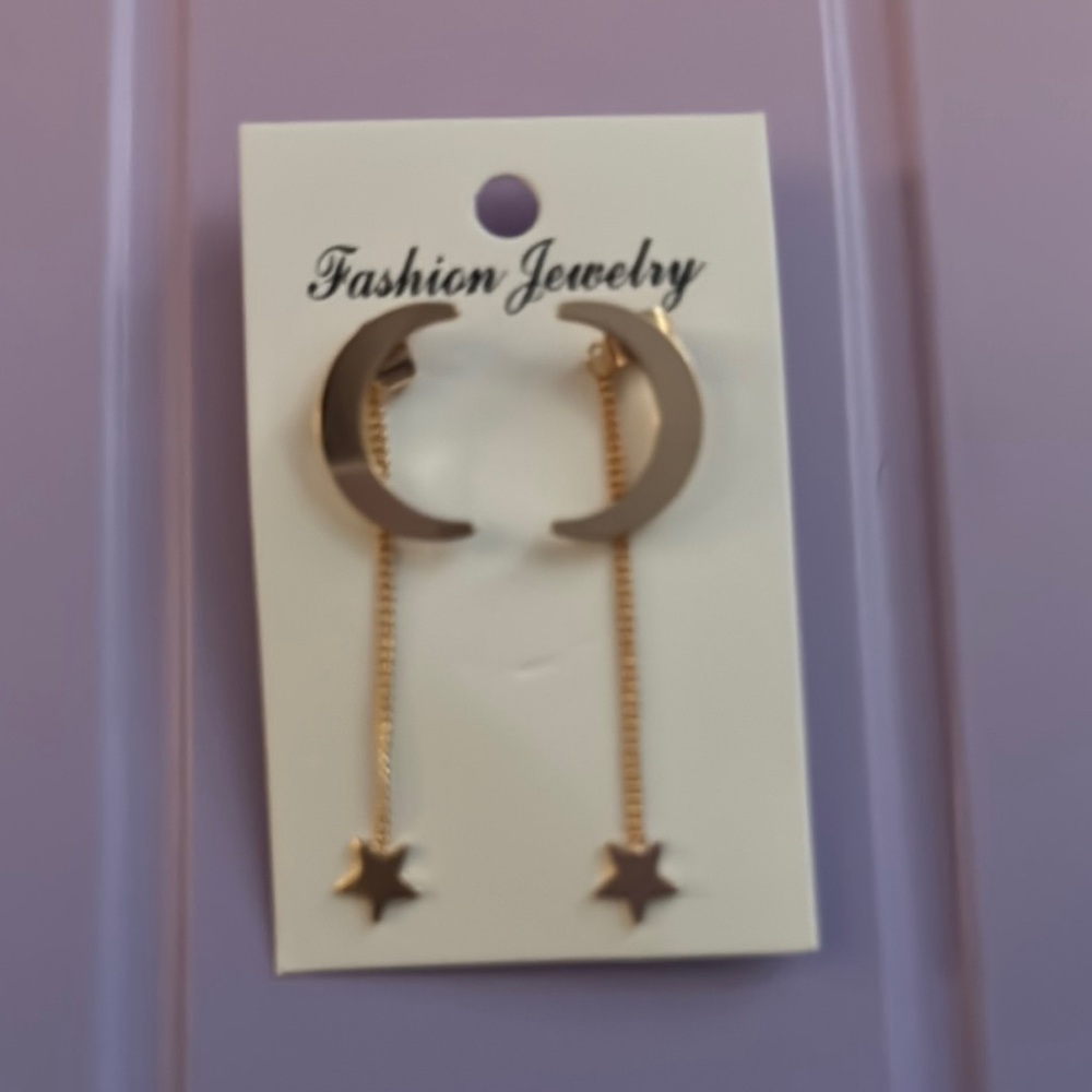 Gold Crescent Moon and Star Dangle Earrings